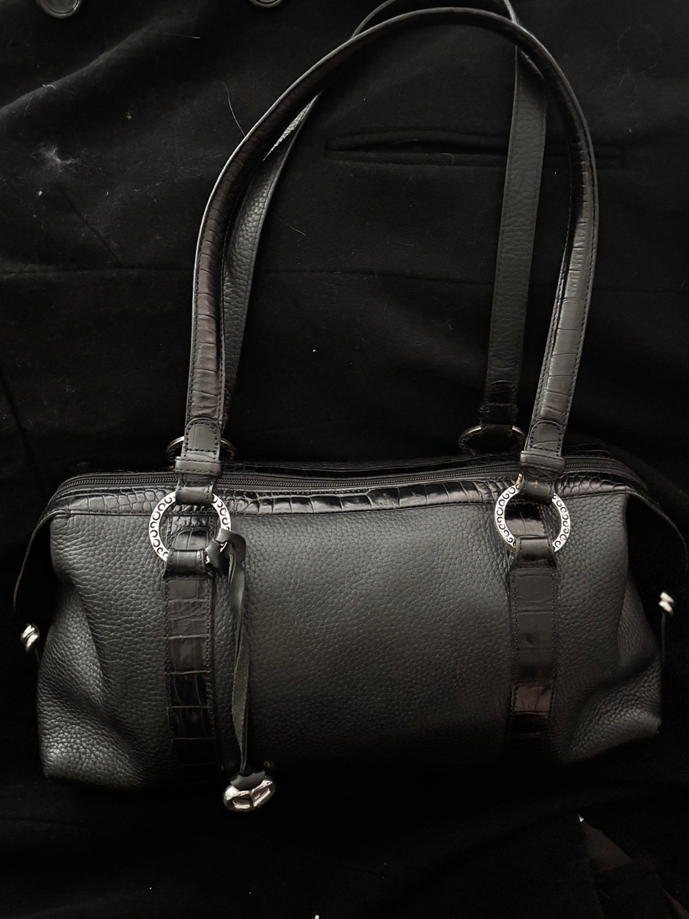 Brighton Black Pebbled Leather And Croc Embossed Satchel Bag Swirl Lining